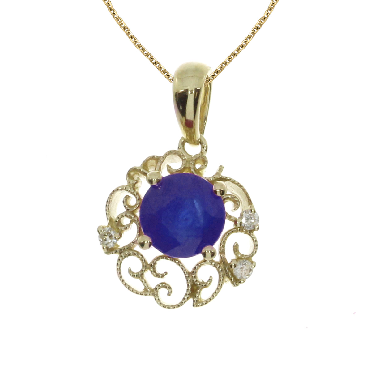 This distinctive pendant features a 6 mm round natural sapphire with .04 total ct diamonds all in...