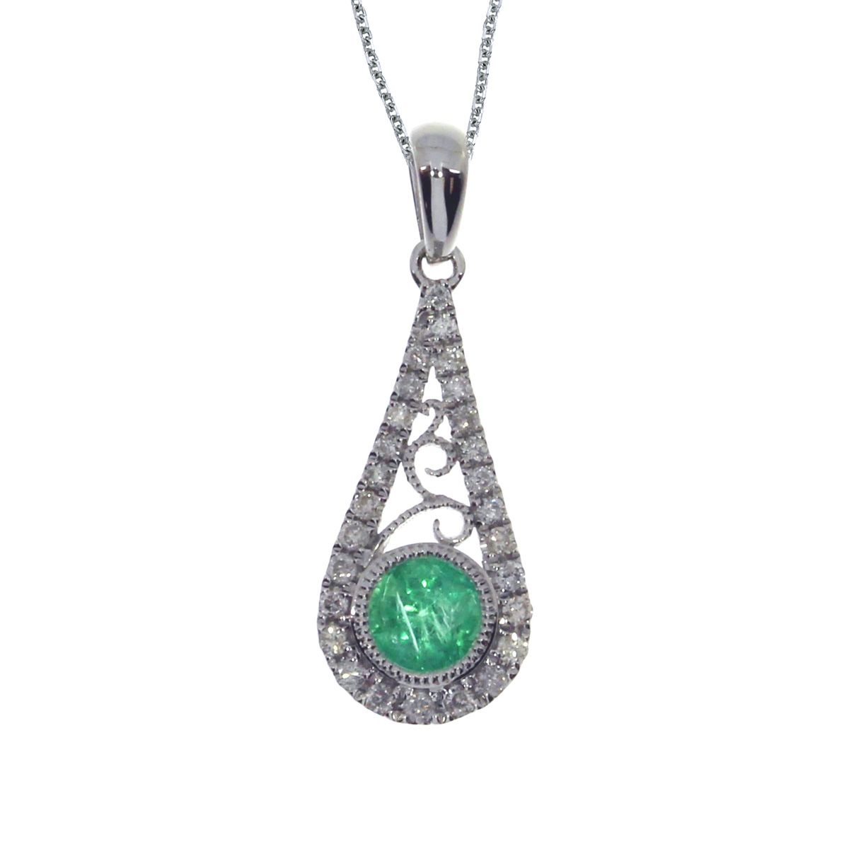 This 14k white gold pendant contains a 5 mm center emerald with .12 carats of diamonds in a uniqu...