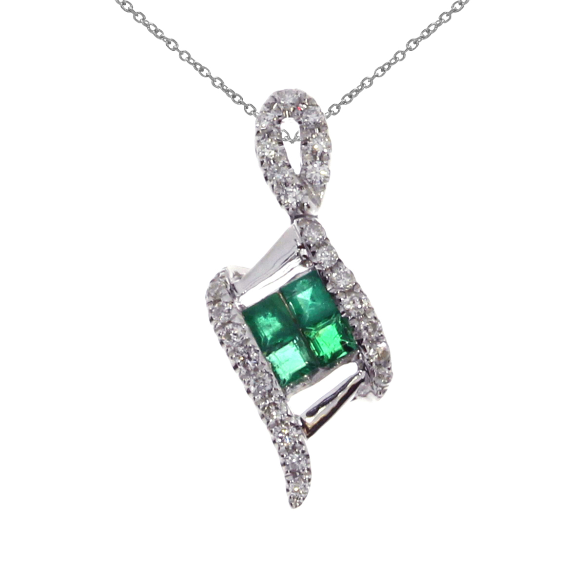 Four princess cut emeralds within a beautiful 14k white gold and .12 ct diamond design.