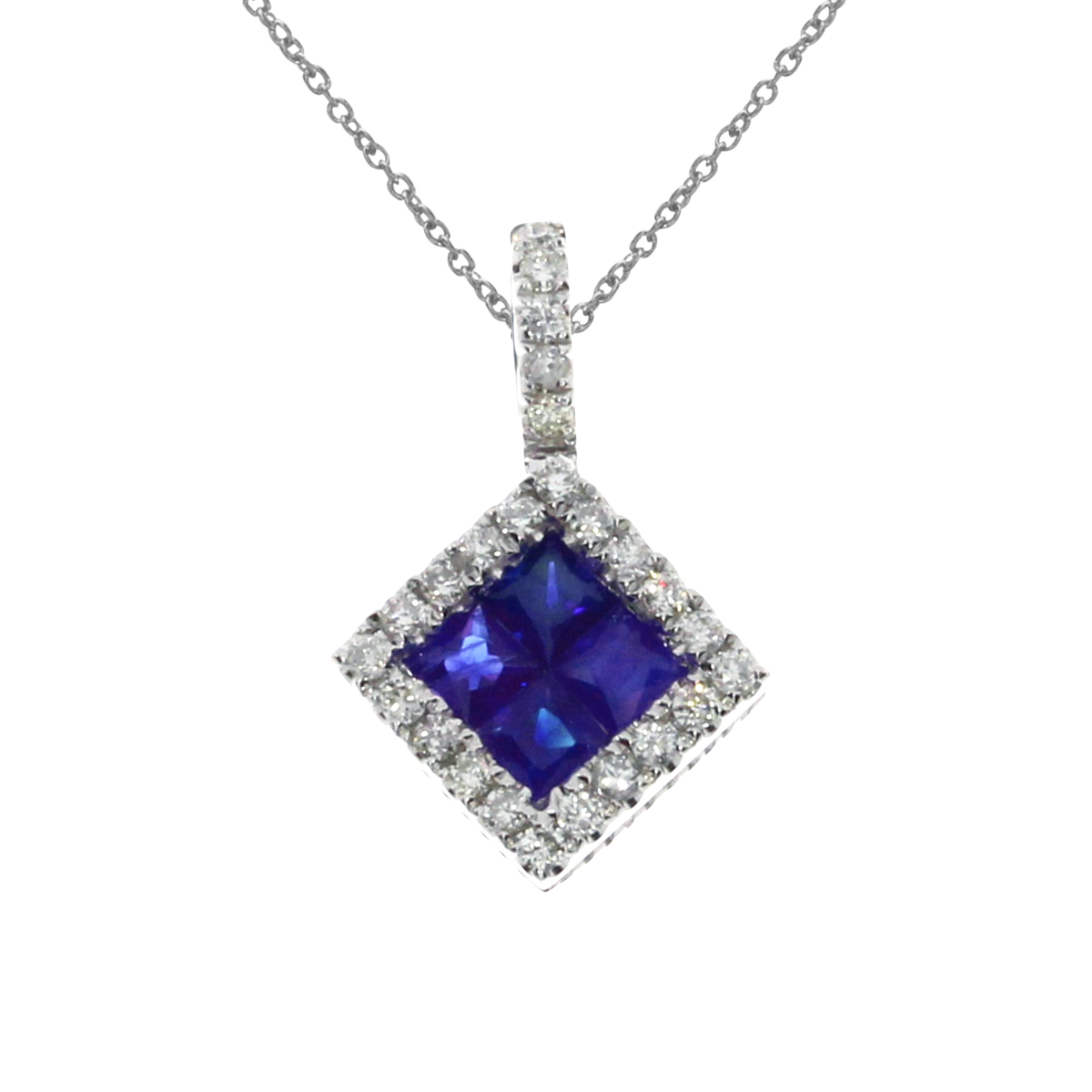 This sparkling pendant features four priness cut sapphires and .14 ct diamonds set in 14k white g...
