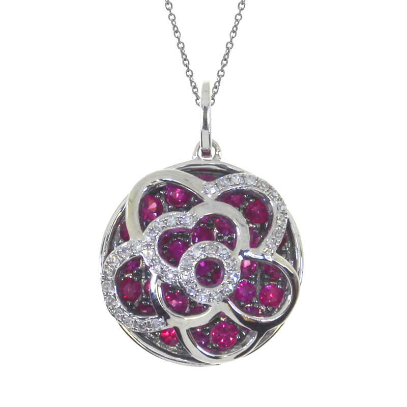 Beautifully designed 14k white gold pendant with dazzling rubies and bright diamonds.