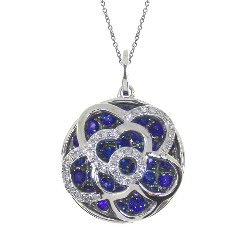 Beautifully designed 14k white gold pendant with bold sapphires and bright diamonds.