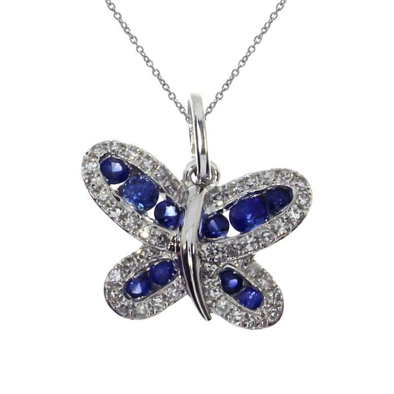 Gorgeous butterfly shaped pendant set in 14k white gold with sapphires and .13 ct diamonds.