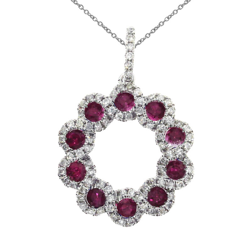 A circle of radiant rubies and bright diamonds in a 14k white gold pendant.