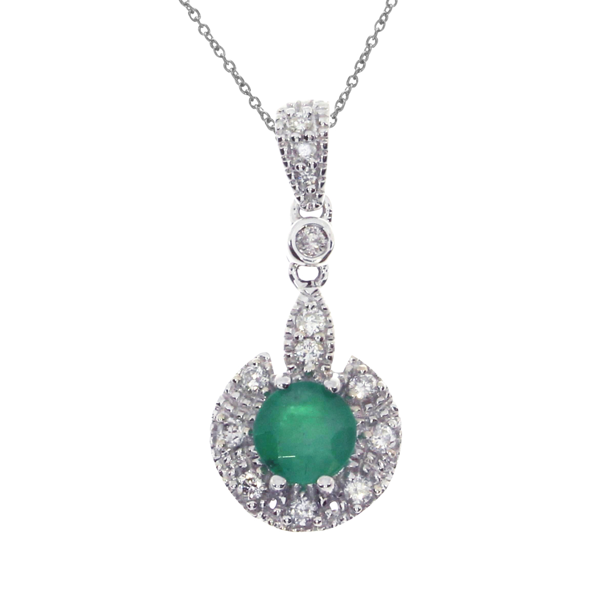 5 mm round genuine emerald pendant set in 14k white gold with .16 ct diamonds.