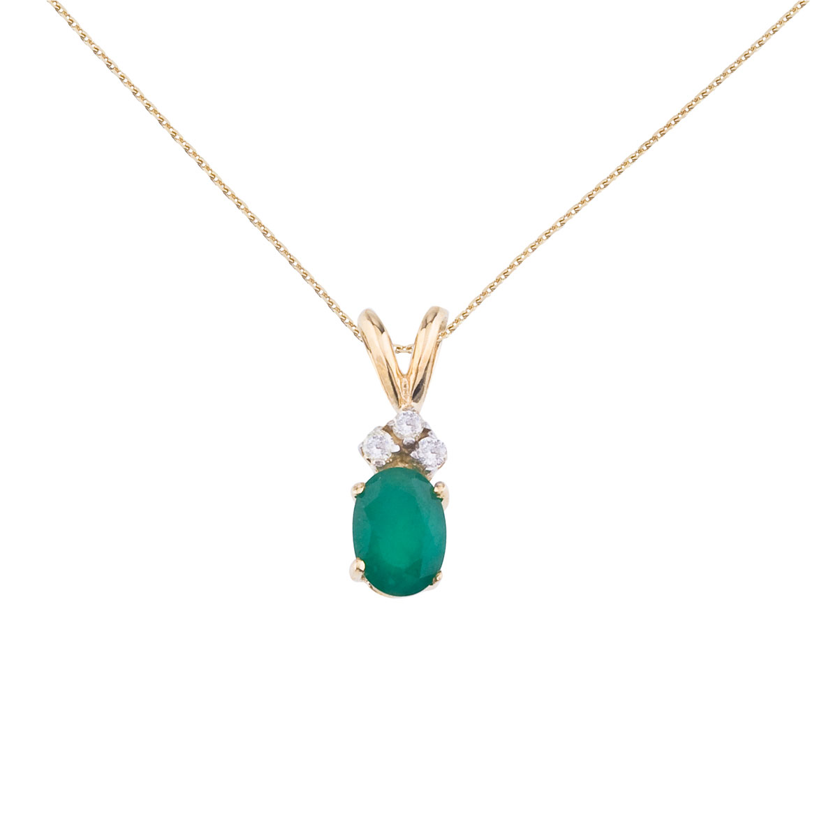7x5 mm oval natural emerald pendant topped with 3 bright diamonds set in 14k yellow gold.