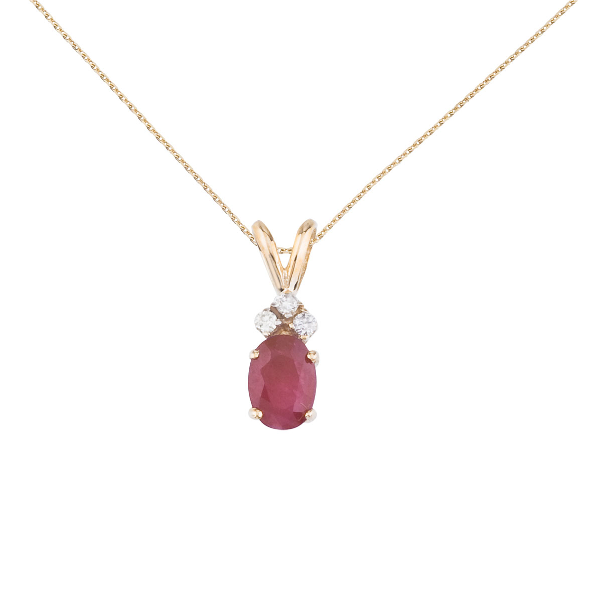7x5 mm oval natural ruby pendant topped with 3 bright diamonds set in 14k yellow gold.