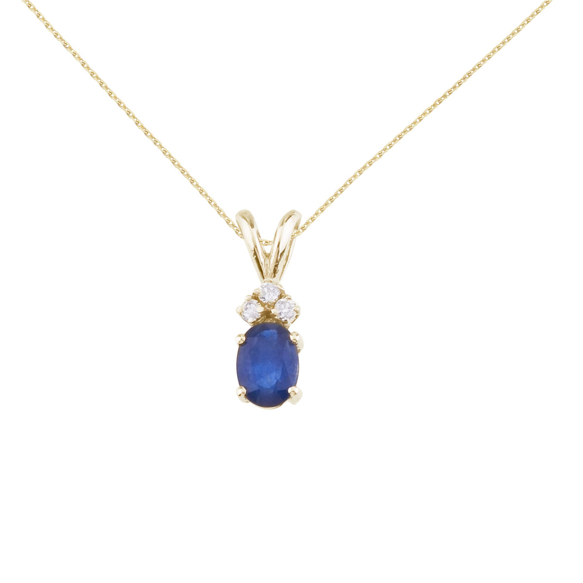 7x5 mm oval natural sapphire pendant topped with 3 bright diamonds set in 14k yellow gold.