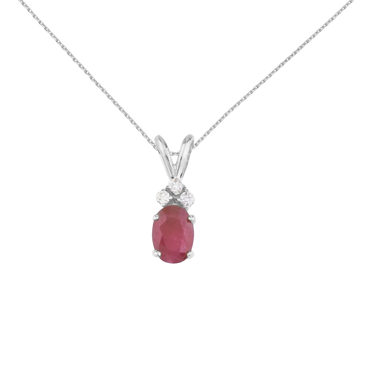 7x5 mm oval natural ruby pendant topped with 3 bright diamonds set in 14k white gold.