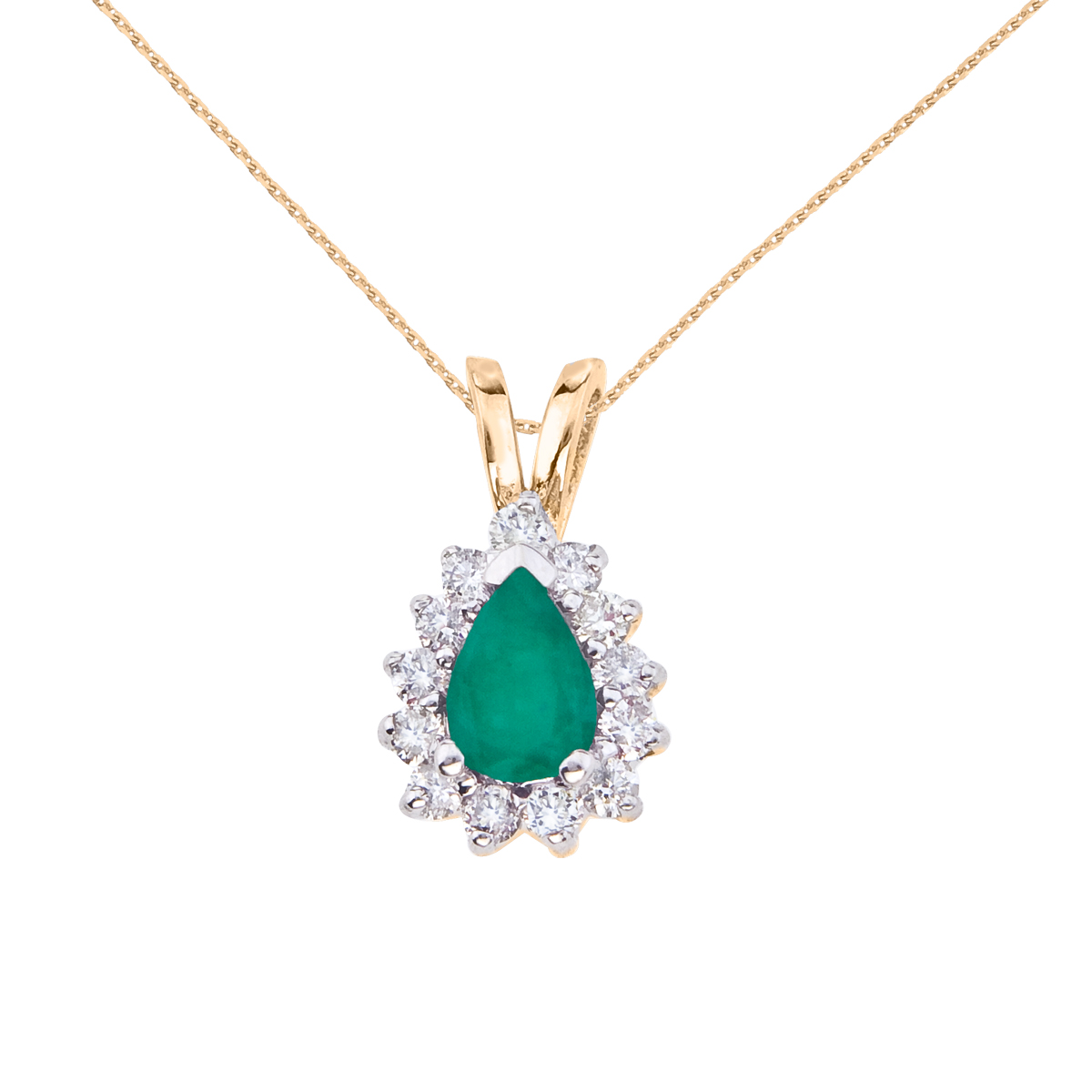 6x4 mm oval natural emerald pendant accented with bright diamonds set in 14k yellow gold.