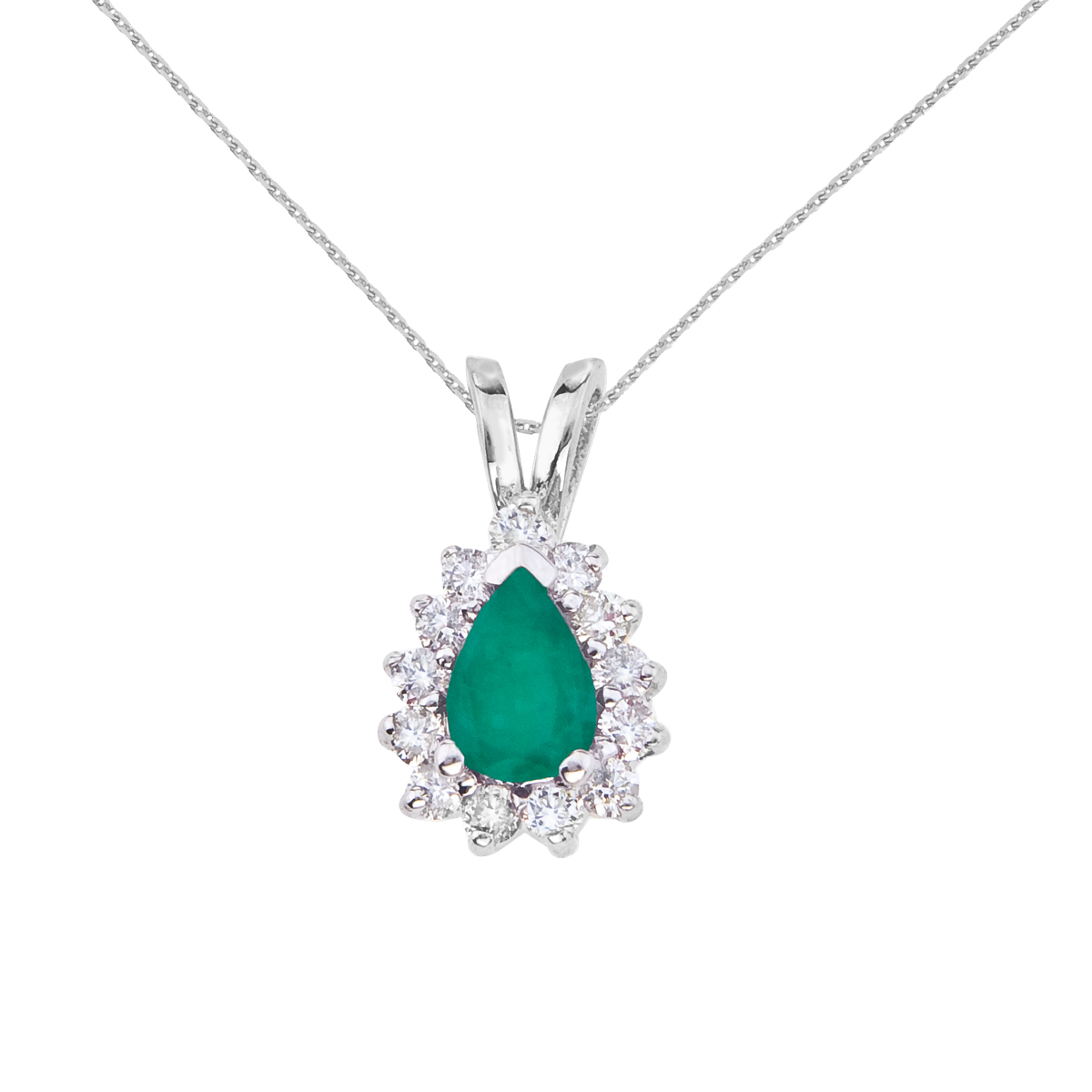 6x4 mm oval natural emerald pendant accented with bright diamonds set in 14k white gold.