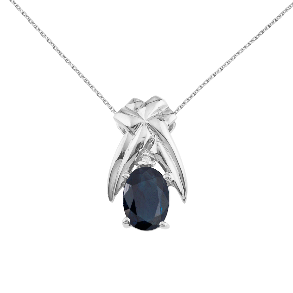 7x5 mm natural sapphire and diamond accented pendant in 14k yellow gold.