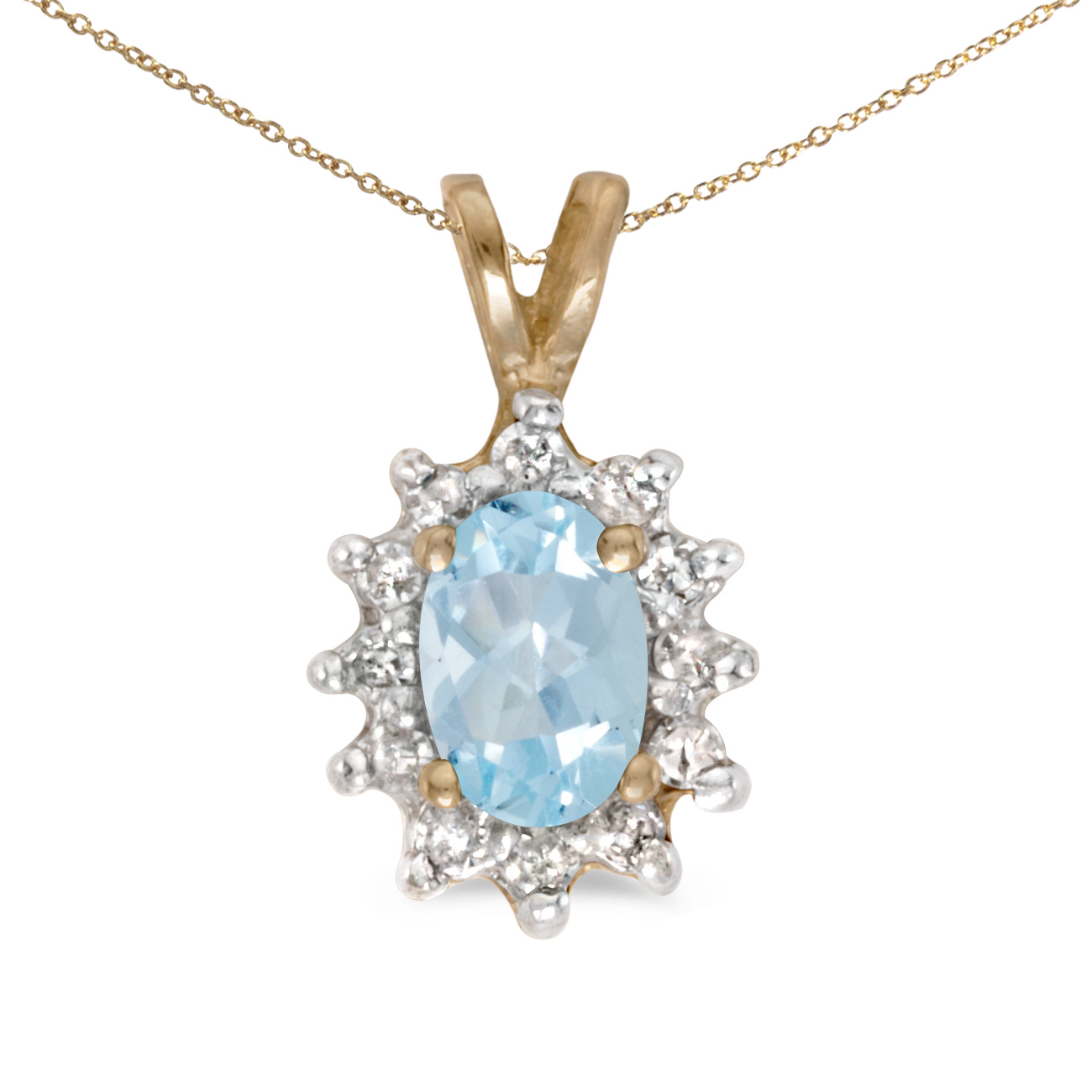 This 14k yellow gold oval aquamarine and diamond pendant features a 6x4 mm genuine natural aquama...