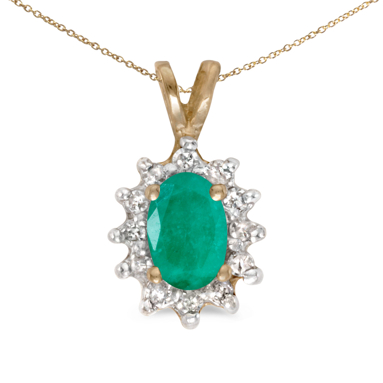 This 14k yellow gold oval emerald and diamond pendant features a 6x4 mm genuine natural emerald with a 0.31 ct total weight.