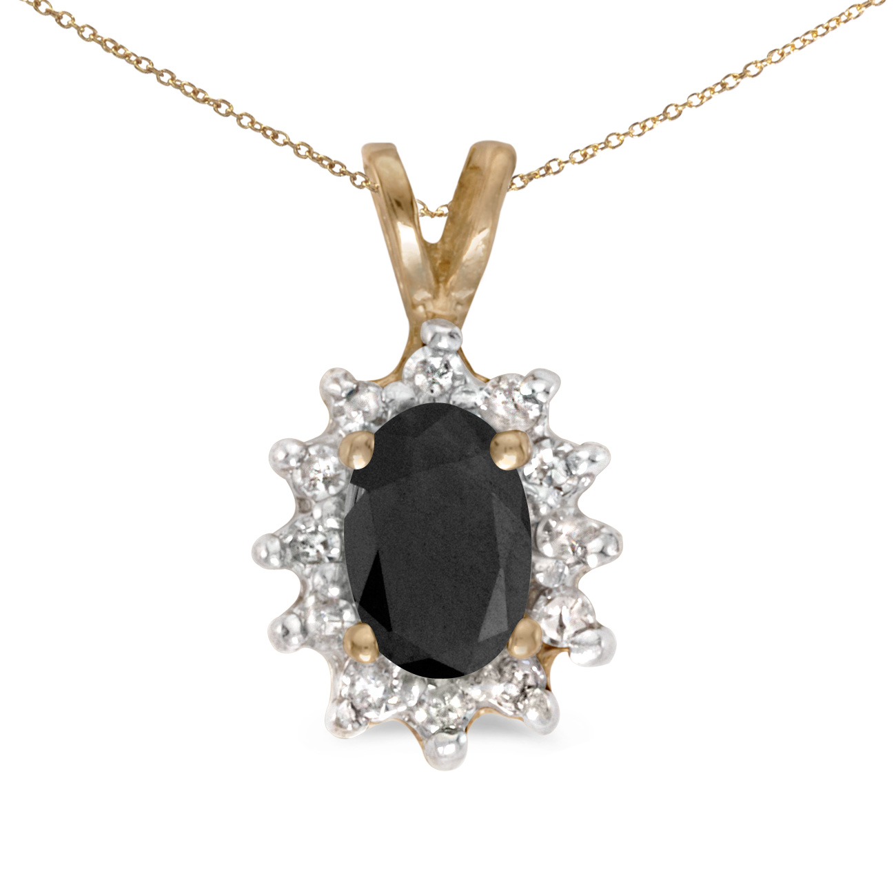 This 14k yellow gold oval onyx and diamond pendant features a 6x4 mm genuine natural onyx with a ...