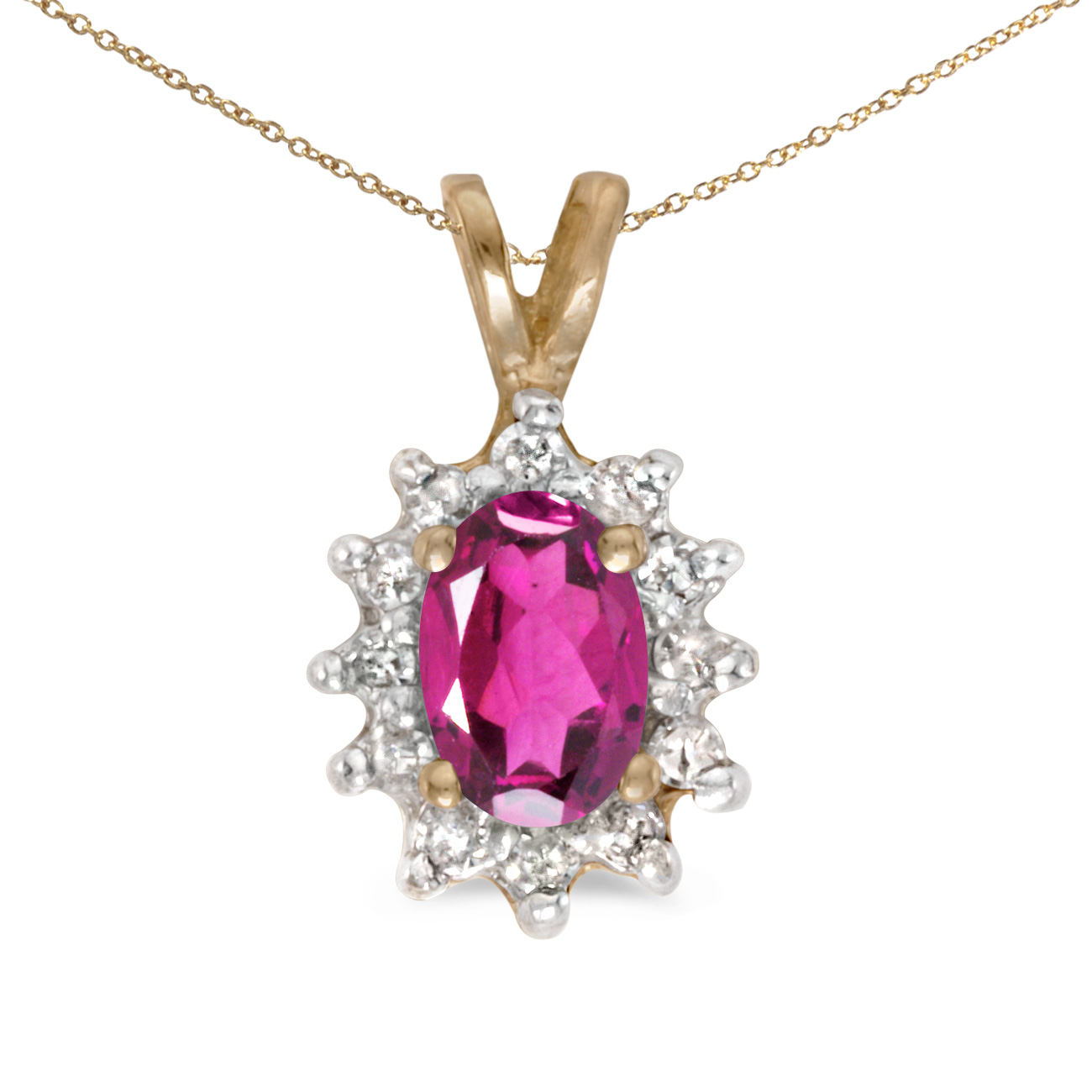 This 14k yellow gold oval pink topaz and diamond pendant features a 6x4 mm genuine natural pink t...