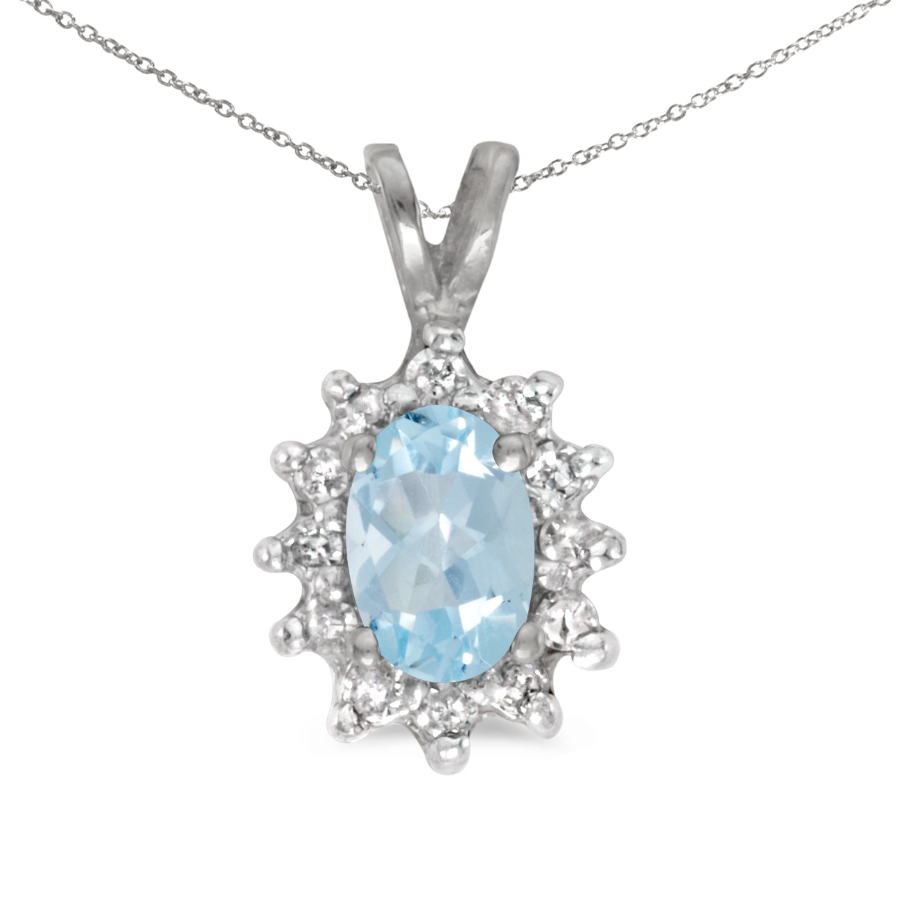 This 14k white gold oval aquamarine and diamond pendant features a 6x4 mm genuine natural aquamar...