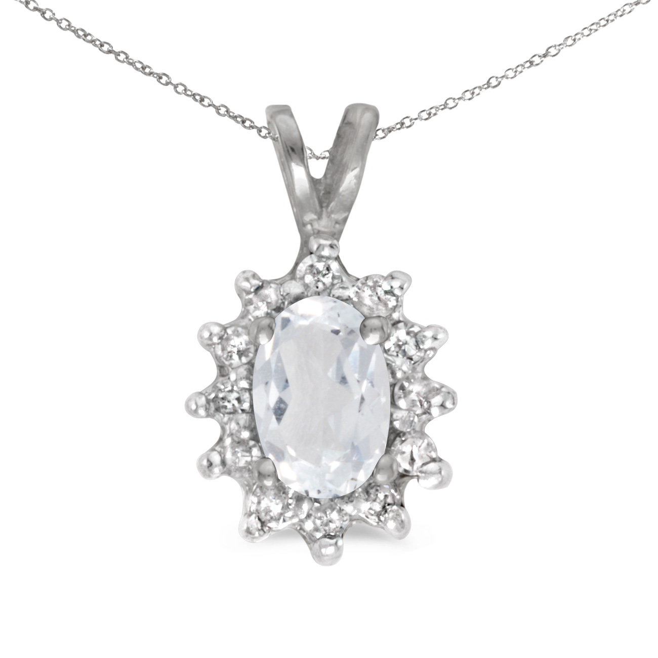 This 14k white gold oval white topaz and diamond pendant features a 6x4 mm genuine natural white ...