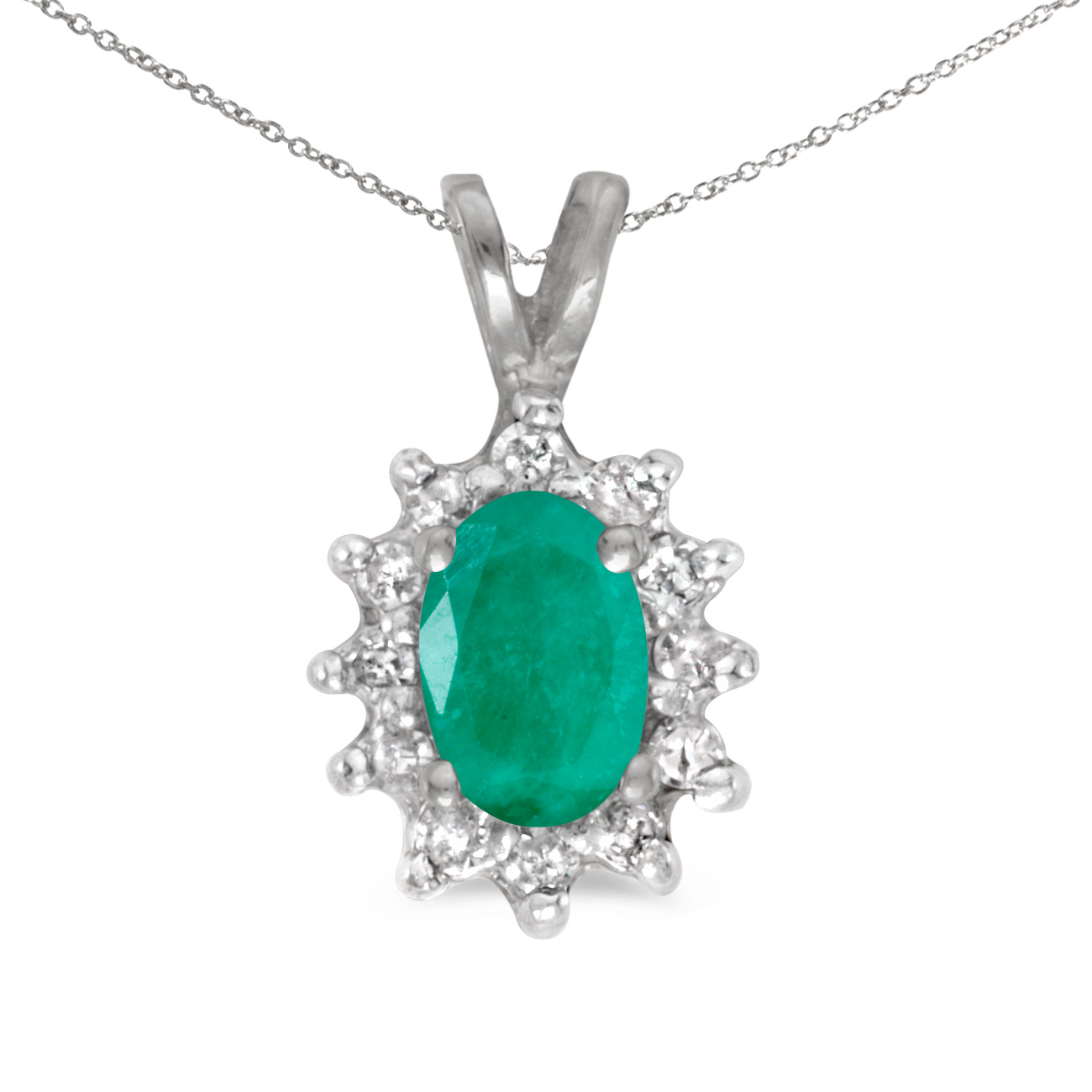 This 14k white gold oval emerald and diamond pendant features a 6x4 mm genuine natural emerald wi...