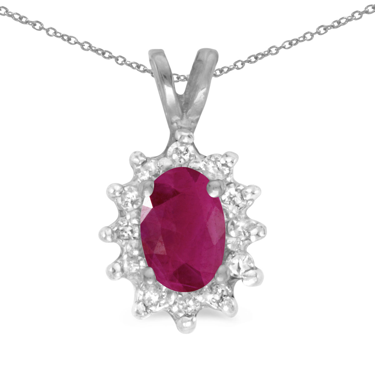 This 14k white gold oval ruby and diamond pendant features a 6x4 mm genuine natural ruby with a 0...