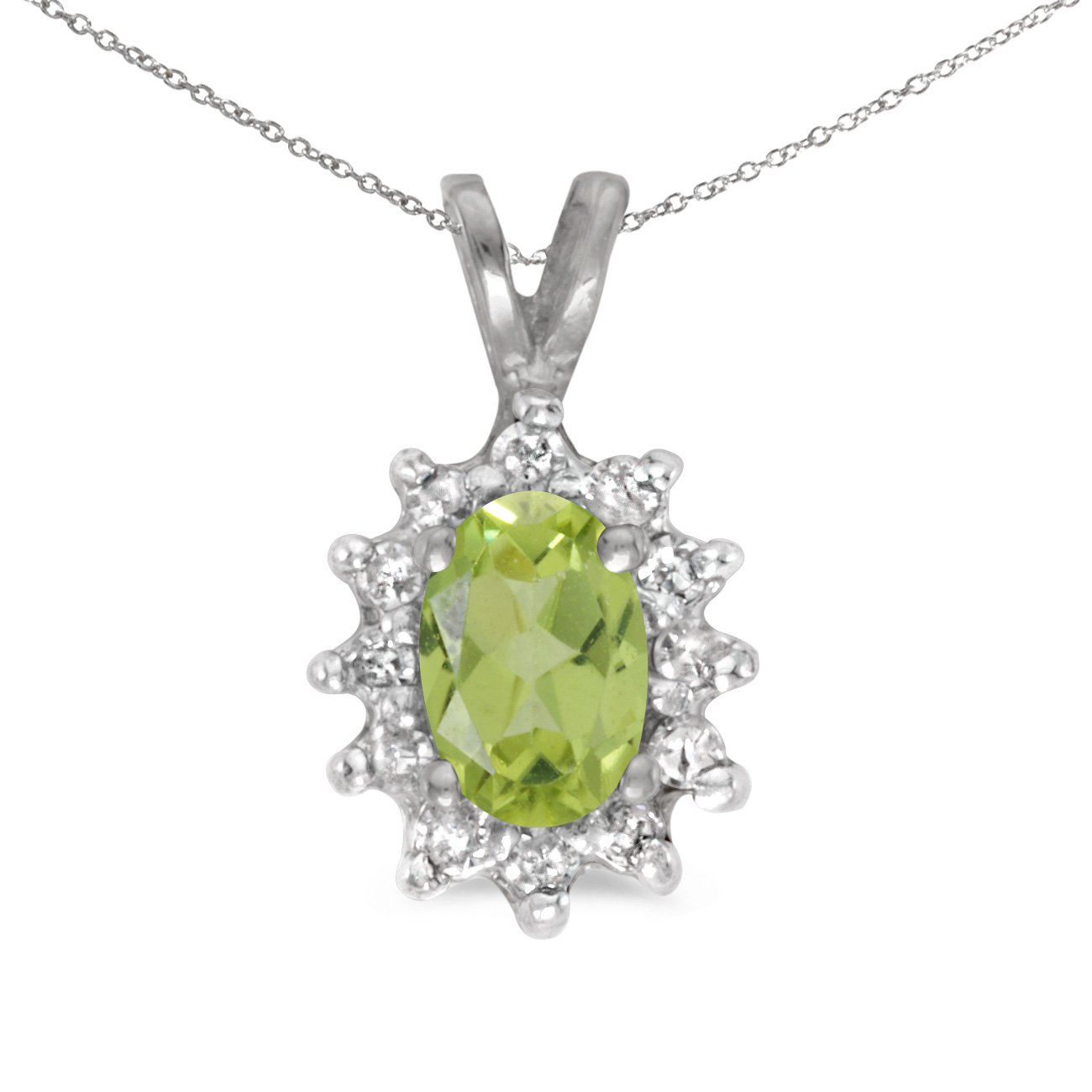 This 14k white gold oval peridot and diamond pendant features a 6x4 mm genuine natural peridot wi...