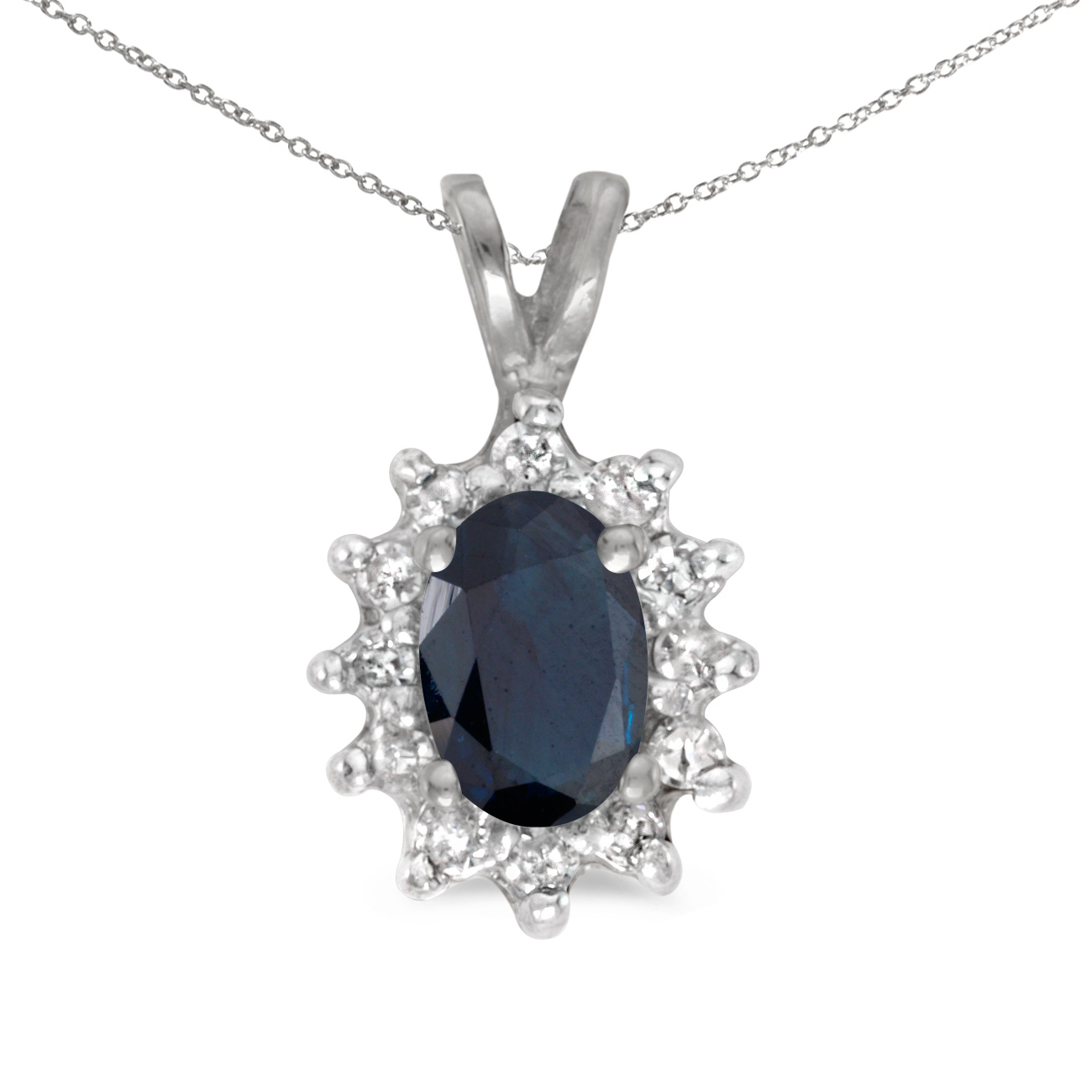 This 14k white gold oval sapphire and diamond pendant features a 6x4 mm genuine natural sapphire ...