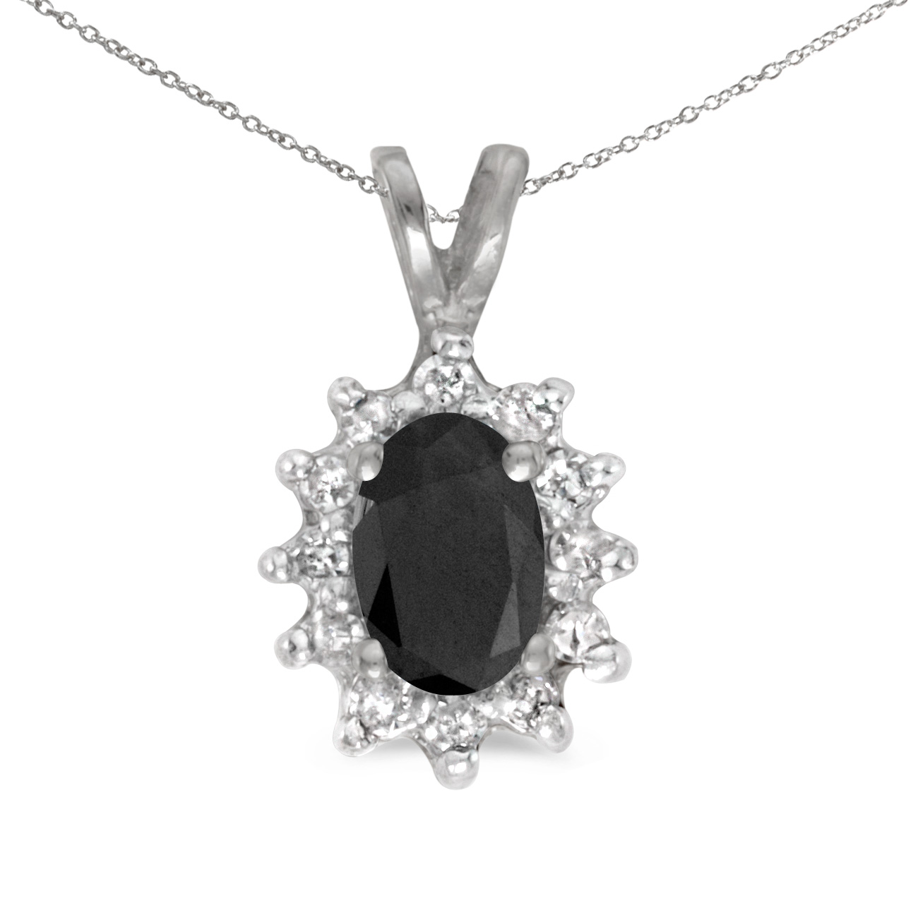 This 14k white gold oval onyx and diamond pendant features a 6x4 mm genuine natural onyx with a 0...