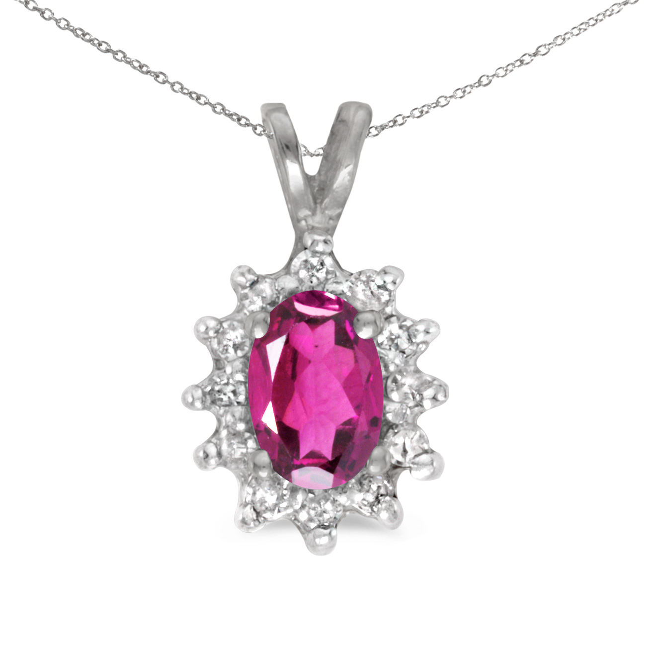This 14k white gold oval pink topaz and diamond pendant features a 6x4 mm genuine natural pink to...