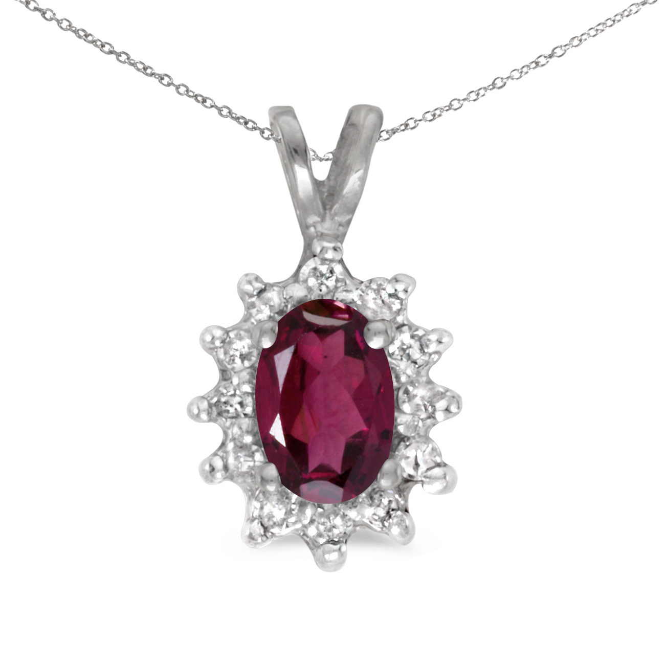 This 14k white gold oval rhodolite garnet and diamond pendant features a 6x4 mm genuine natural r...