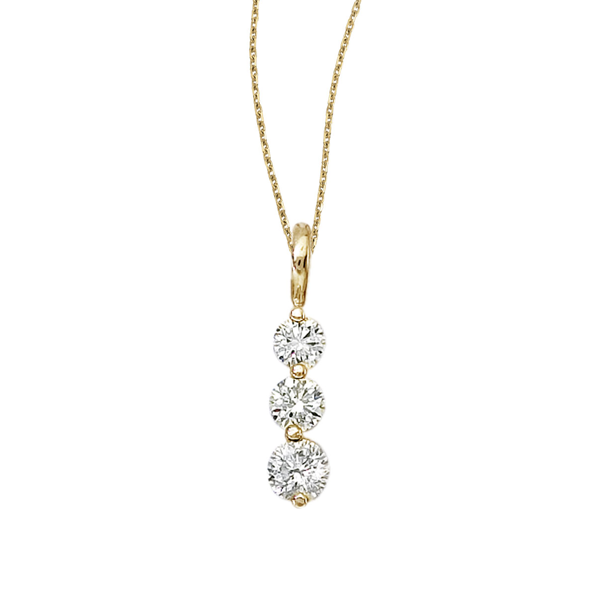 1.00 ct shimmering 3 stone diamond pendant in in 14 yellow gold.