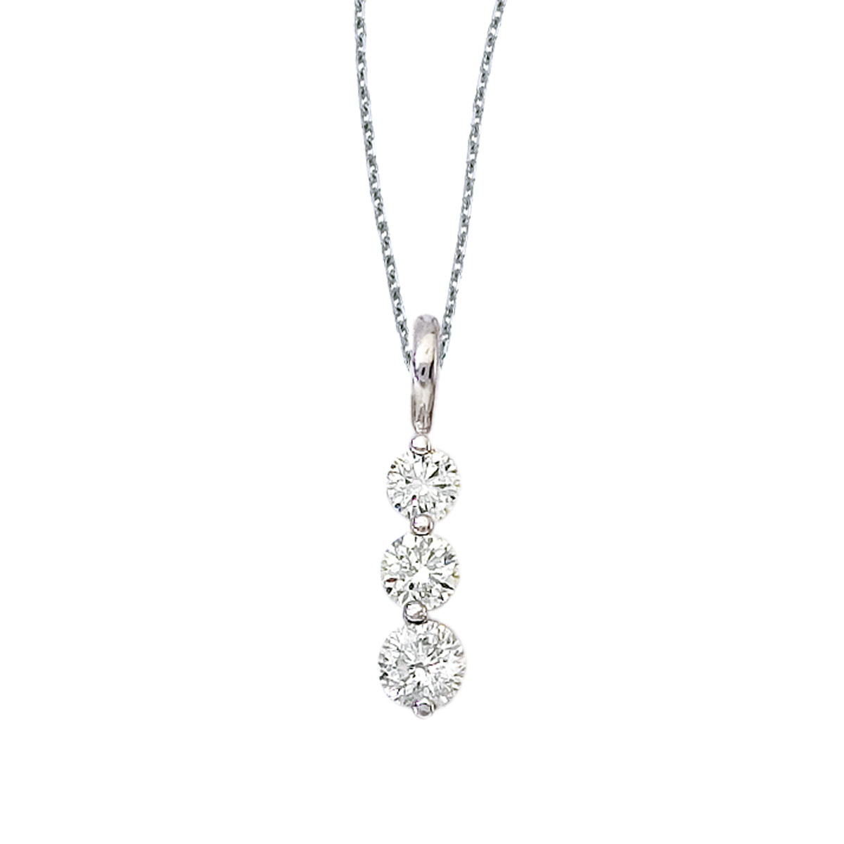 1.00 ct shimmering 3 stone diamond pendant in in 14 white gold.