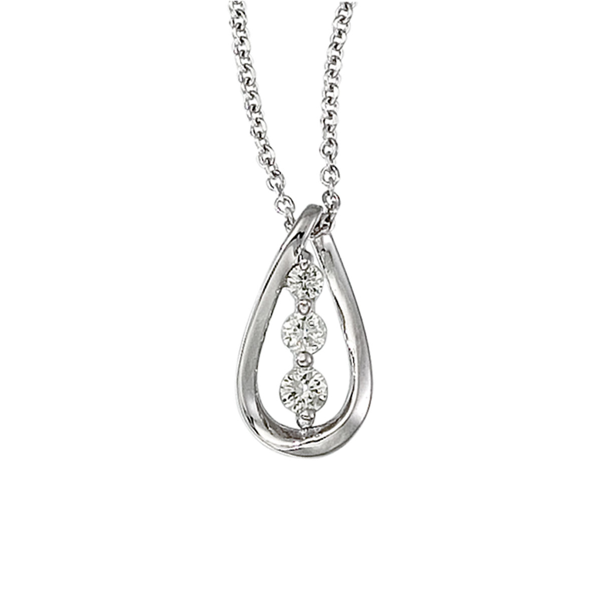 Beautiful three stone .17 ct diamond pendant in 14k white gold.