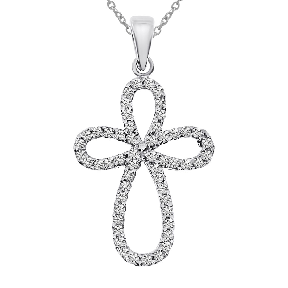 14k white gold cross featuring .25 total ct diamonds. A modern take on a classic design.
