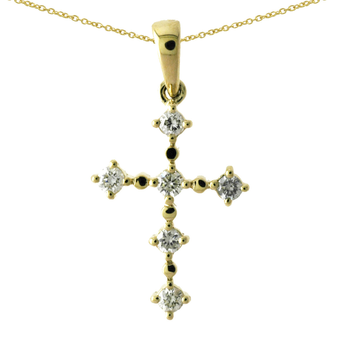 14k yellow gold cross featuring .25 total ct diamonds. A modern take on a classic design.
