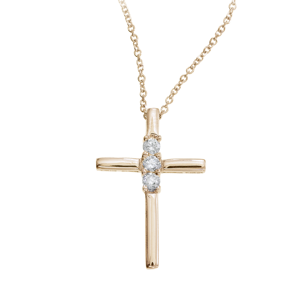 14k yellow gold cross featuring .24 total ct diamonds. A fashionable take on a classic design.