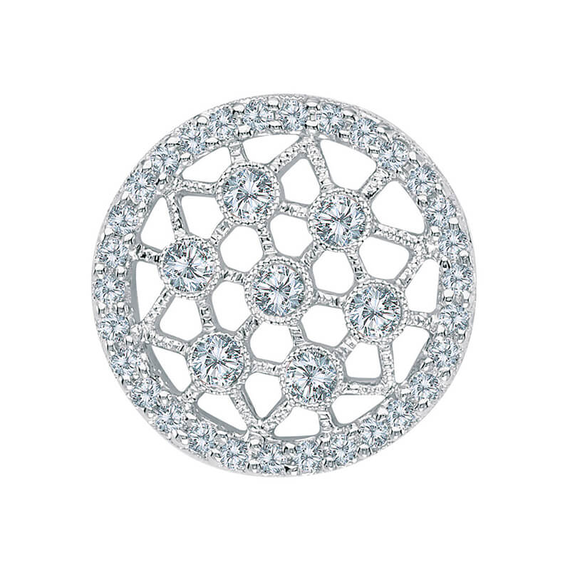 This beautiful round 14k white gold pendant features .59 carats of bright diamonds set in a class...