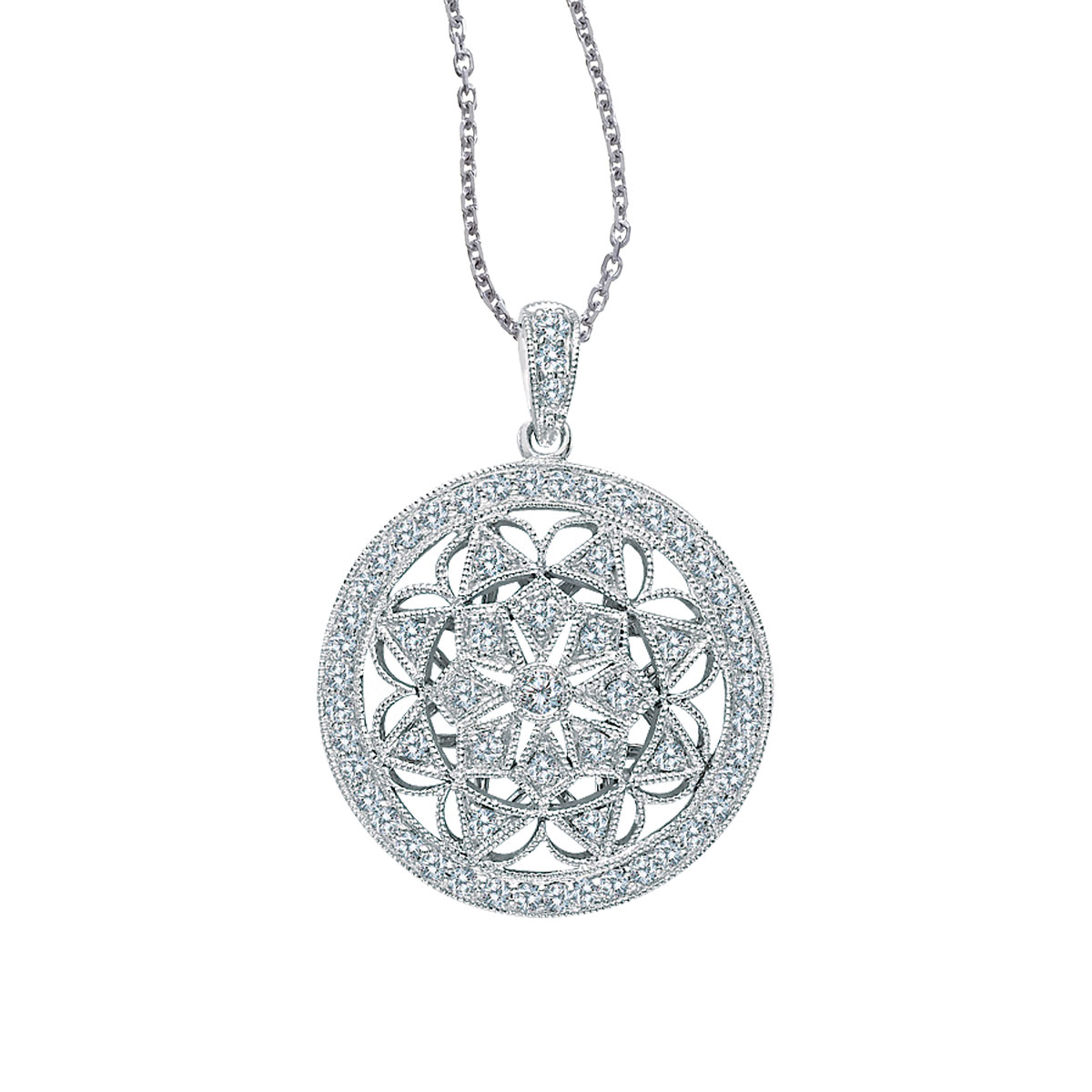 This  sophisticated 14k white gold pendant features a classically beautiful design and is covered...