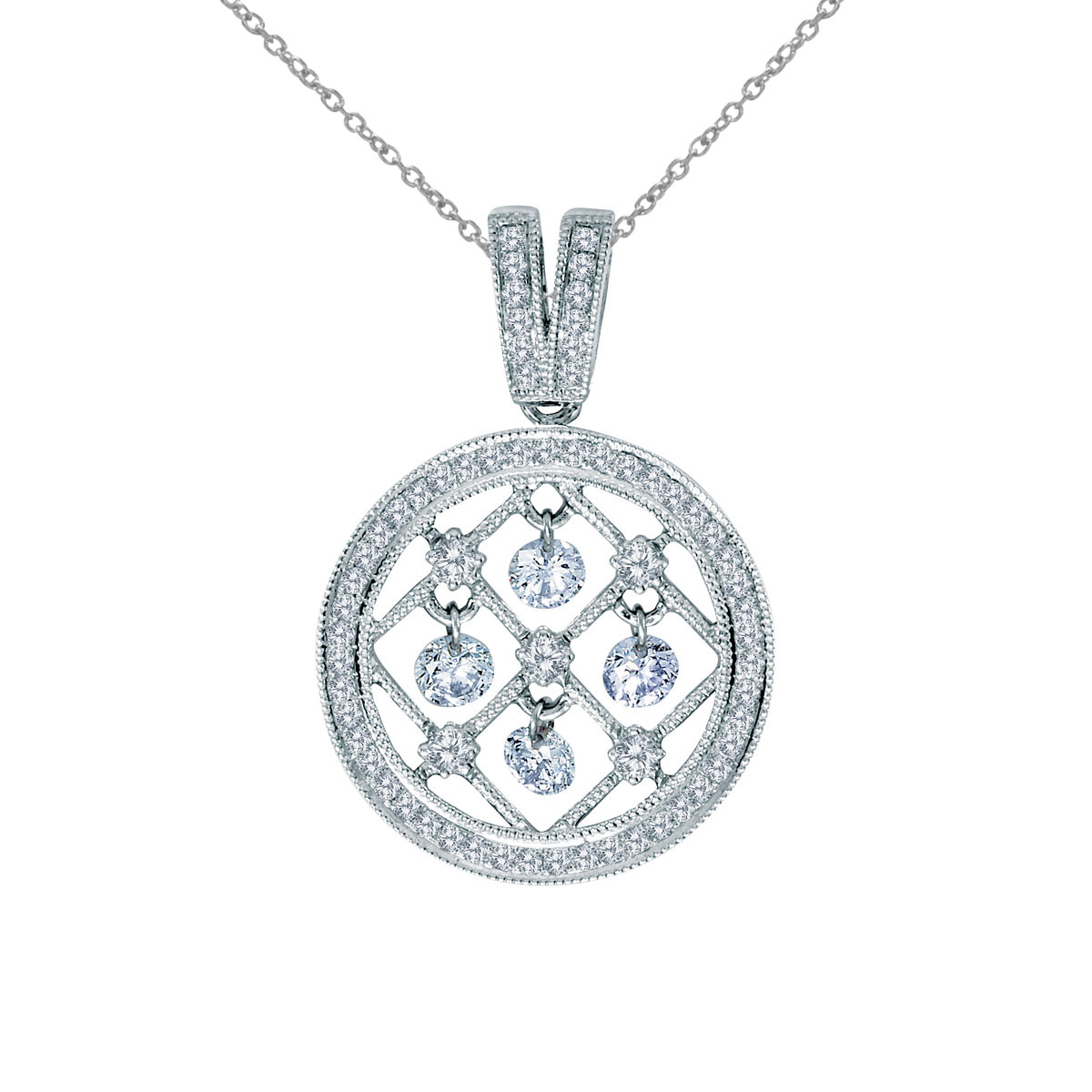 14k gold Dashinng Diamonds pendant with 0.55 total ct diamonds. The center dangling diamond dance...