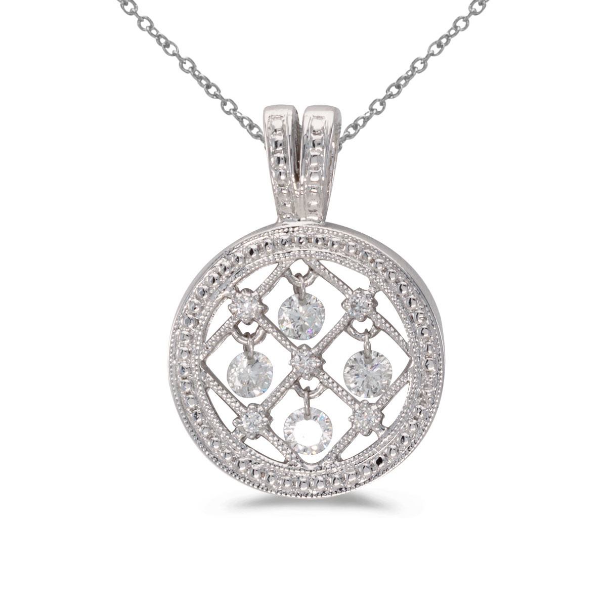This uniquely designed circular pendant from Dashing Diamonds features four sparkling diamonds su...