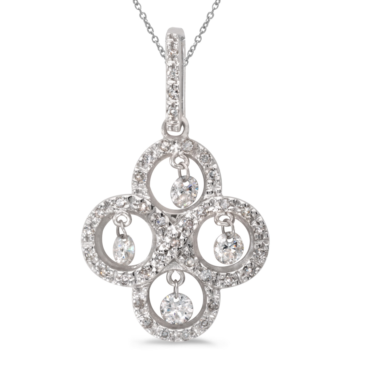14k gold Dashinng Diamonds pendant with 0.43 total ct diamonds. The center dangling diamond dance...