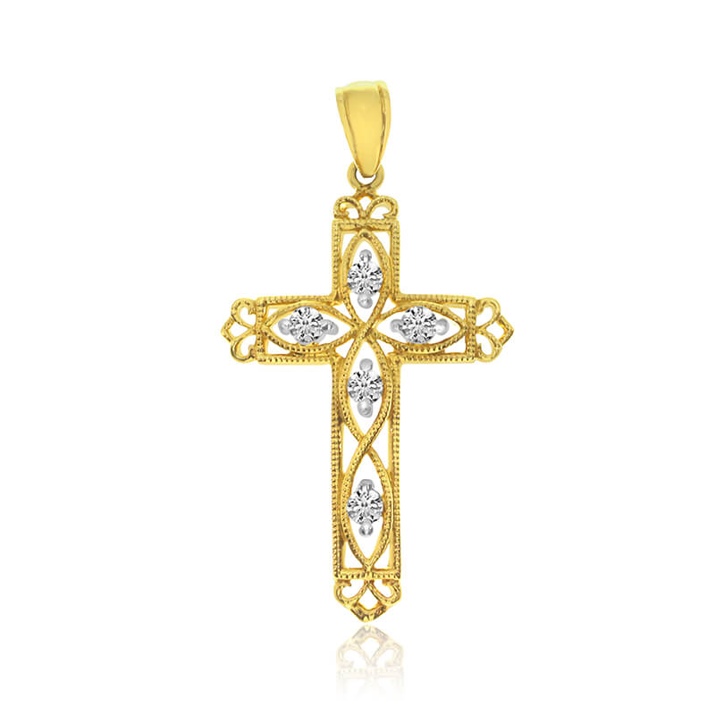 A beautifully designed filigree cross dazzling with .25 ct diamonds in 14k yellow gold.