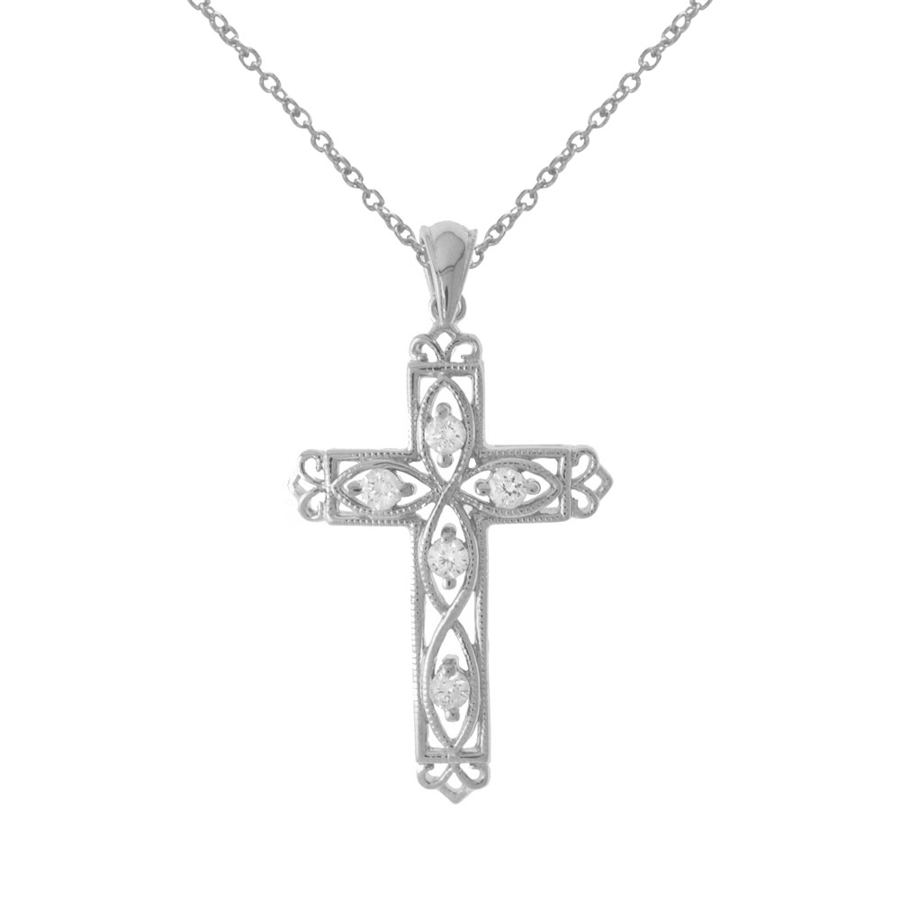 A beautifully designed filigree cross dazzling with .25 ct diamonds in 14k white gold.