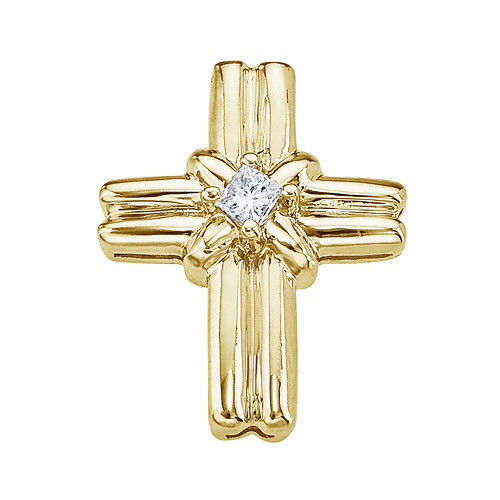 Wide 14k yellow gold cross with a dazzling princess cut center diamond.