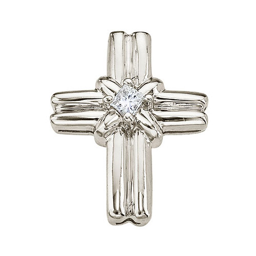 Wide 14k white gold cross with a dazzling princess cut center diamond.