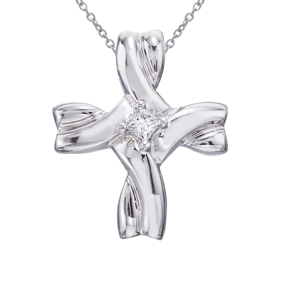 This 14k white gold diamond cross features a unique swirl design and .08 ct sparkling diamonds.