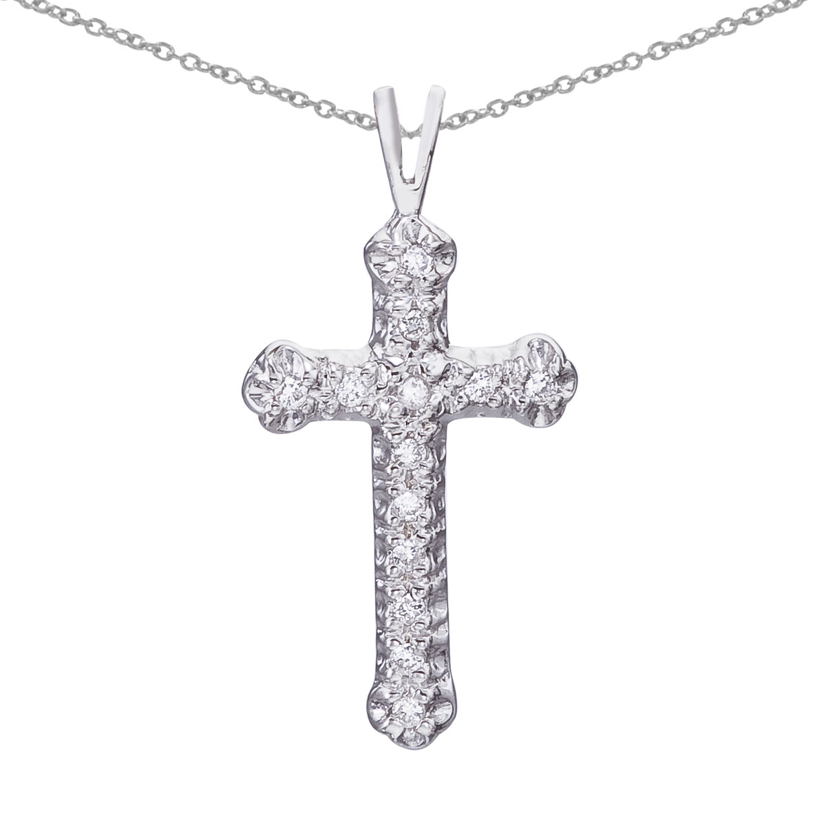 14k white gold cross with shimmering diamond accents.