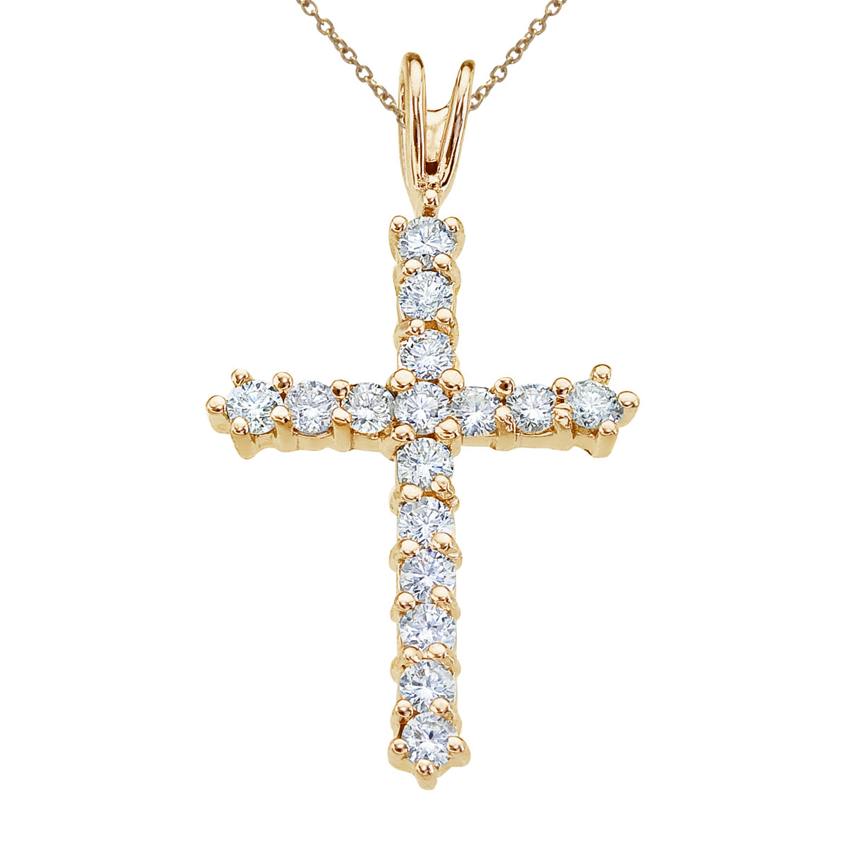 14k yellow gold cross with shimmering .50 total ct diamonds.