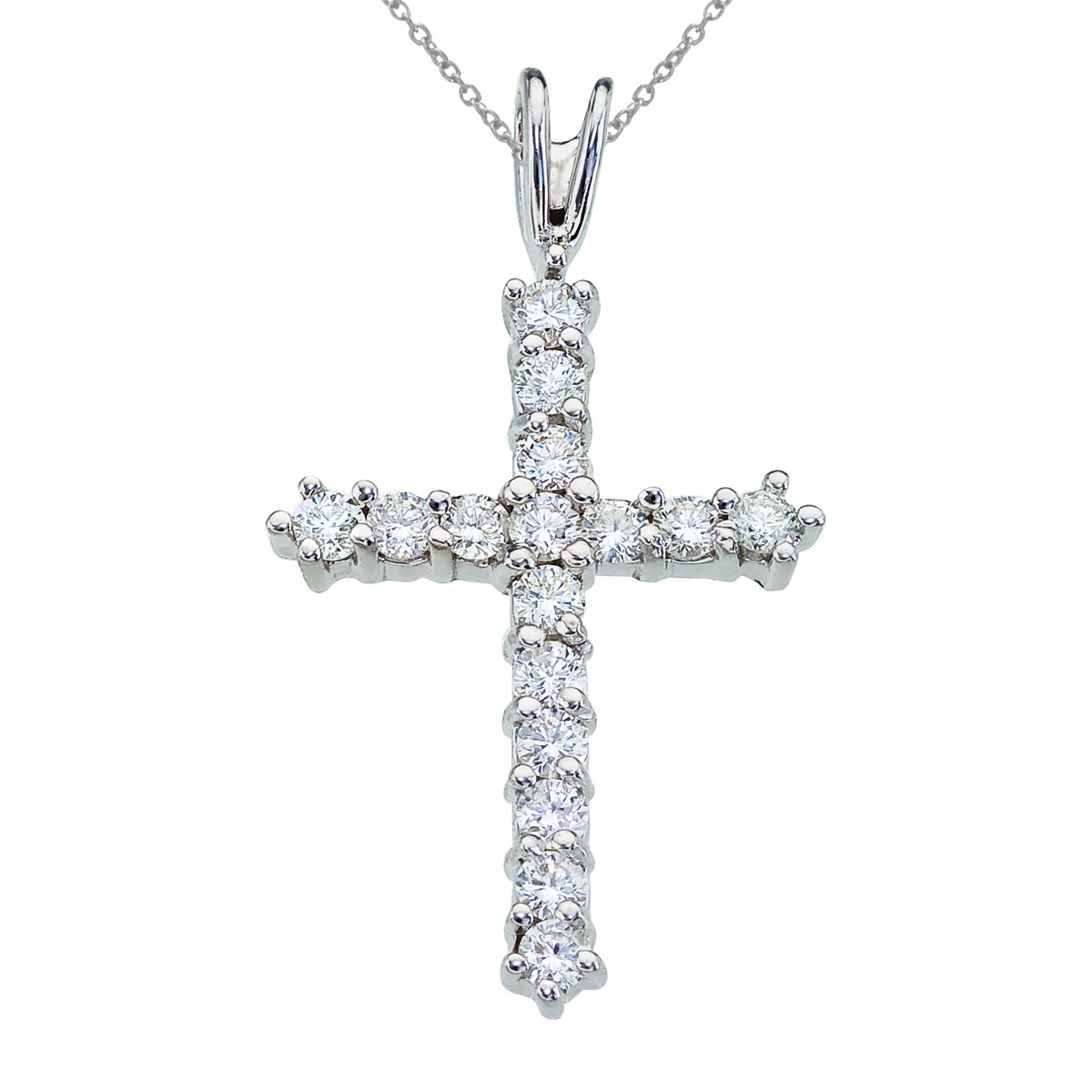 14k white gold cross with shimmering .50 total ct diamonds.