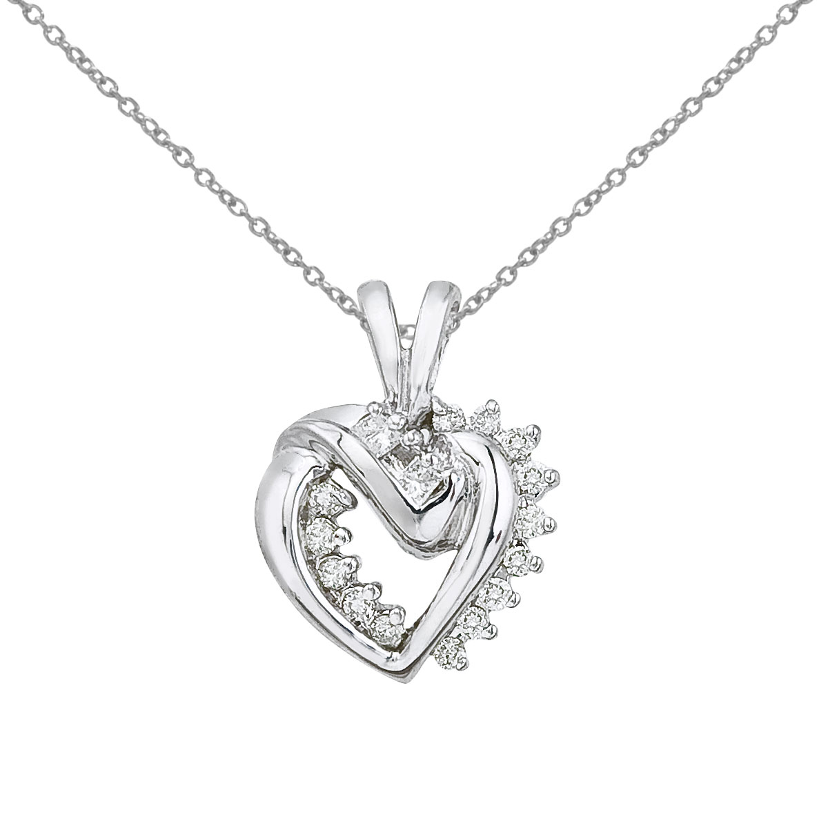 Stunning heart shaped pendant set in 14k white gold with shimmering diamonds.