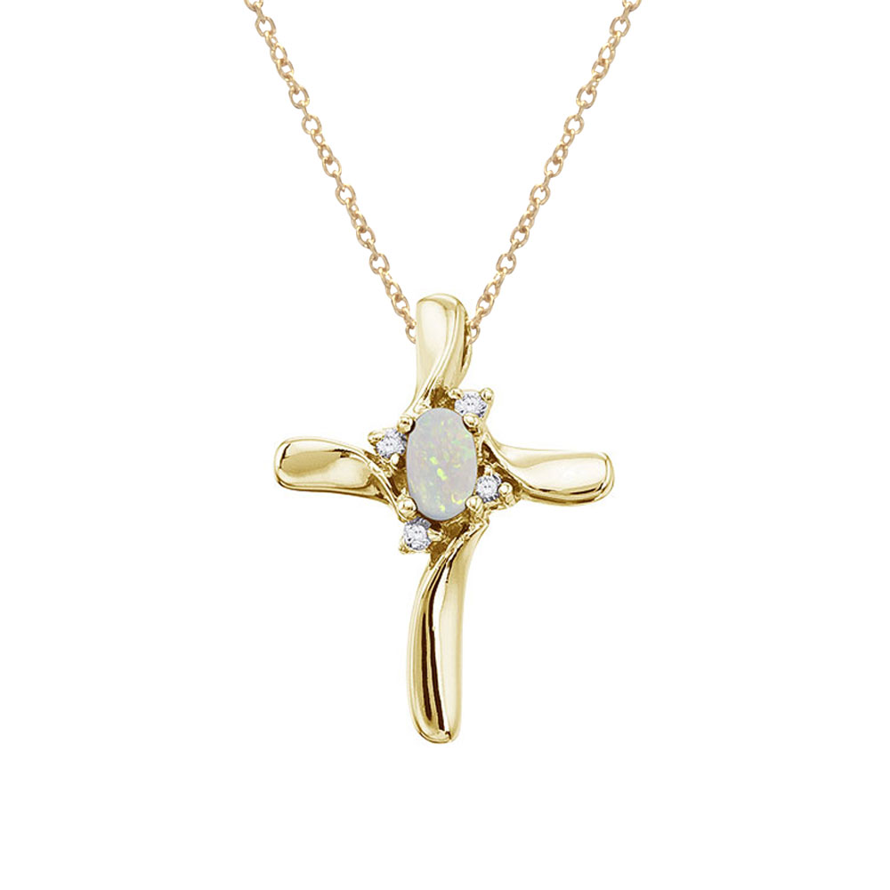 This diamond cross adds a dash of color to a traditional and elegent style with a bright 5x3 mm opal. The beautiful pendant is set in 14k yellow gold with .04 total ct diamonds.